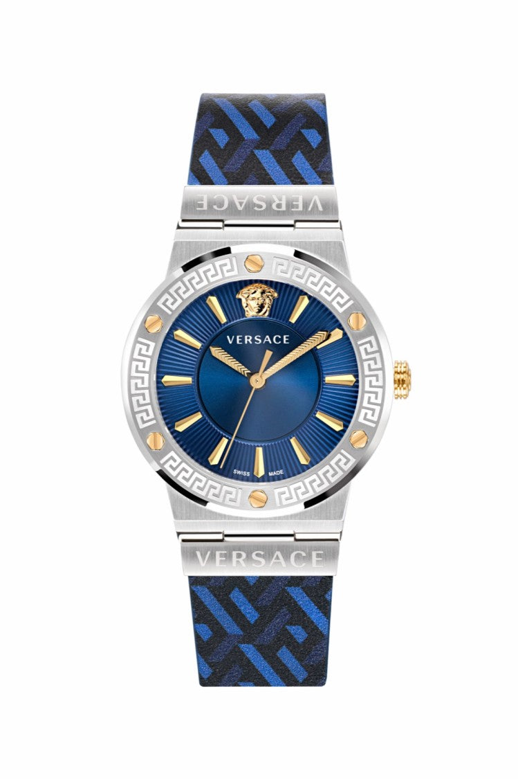 Versace Greca Logo 38Mm Quartz Watch With Blue Dial And Leather Strap
