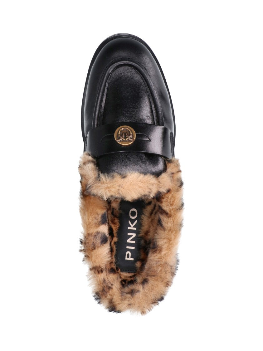 Pinko Black Kate Faux Fur Lined Leather Mules