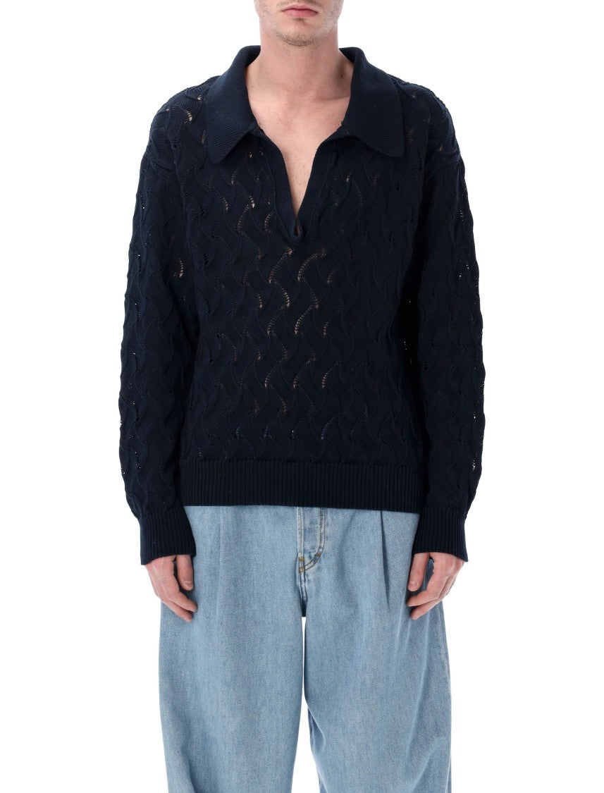 Dries Van Noten Lace Stitch Polo Sweater In Mercerized Cotton With Ribbed Trim