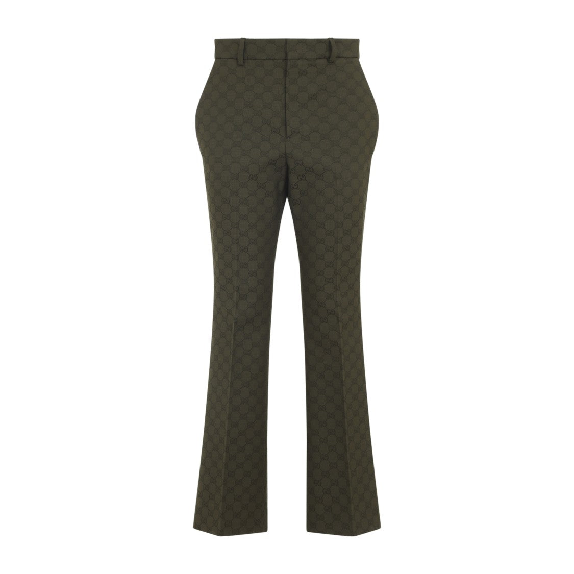 Gucci Mid Waist Green Gg Canvas Pants With Straight Leg Design