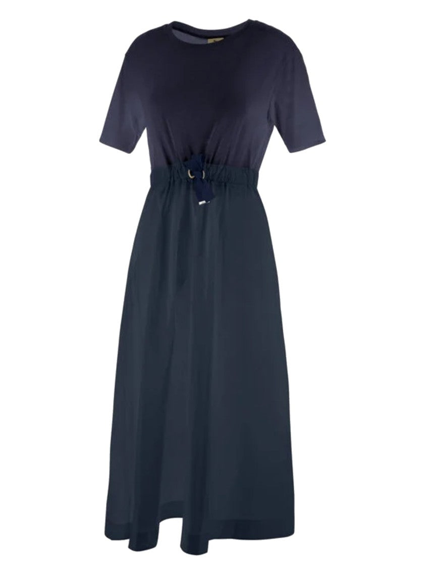 Herno Mid-Length Blue Dress With Ribbed Details And Taffeta Skirt