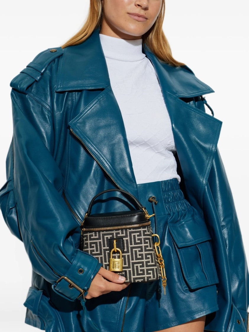 Balmain Trapezoidal Handbag With Geometric Pattern And Gold Accents