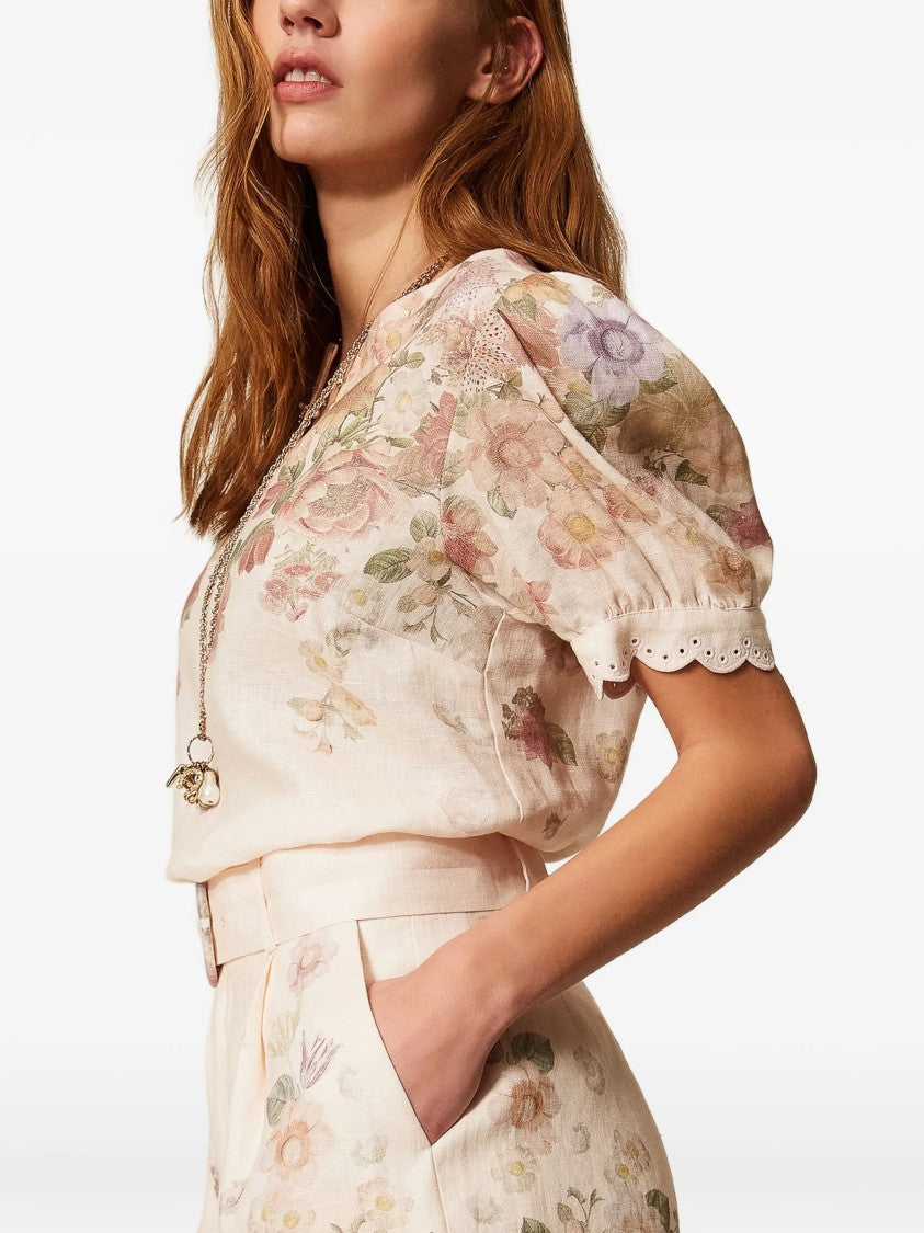 Twin-Set High-Waisted Shorts With Scalloped Edge And Floral Print
