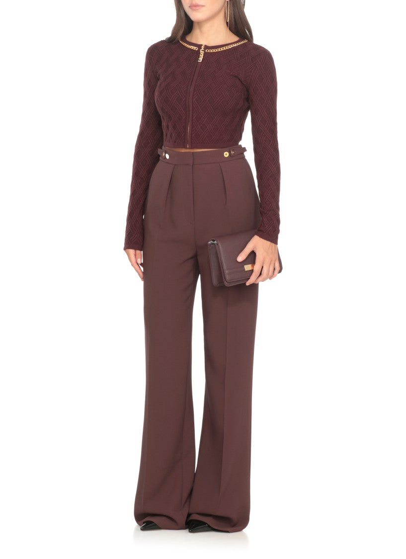 Elisabetta Franchi Bordeaux Textured Geometric Pattern Cardigan
