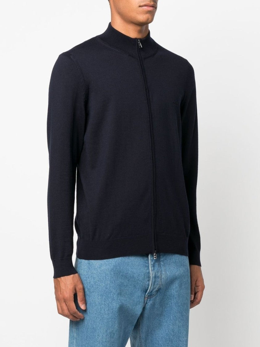 Boss Full-Zip Blue Virgin Wool Sweater With High Collar