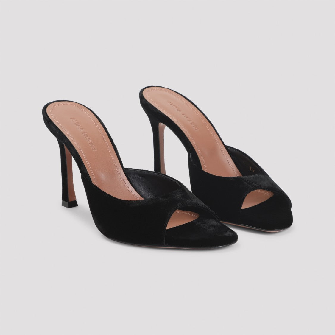 Amina Muaddi Open-Toe Black Stiletto Sandals With Curved Heel