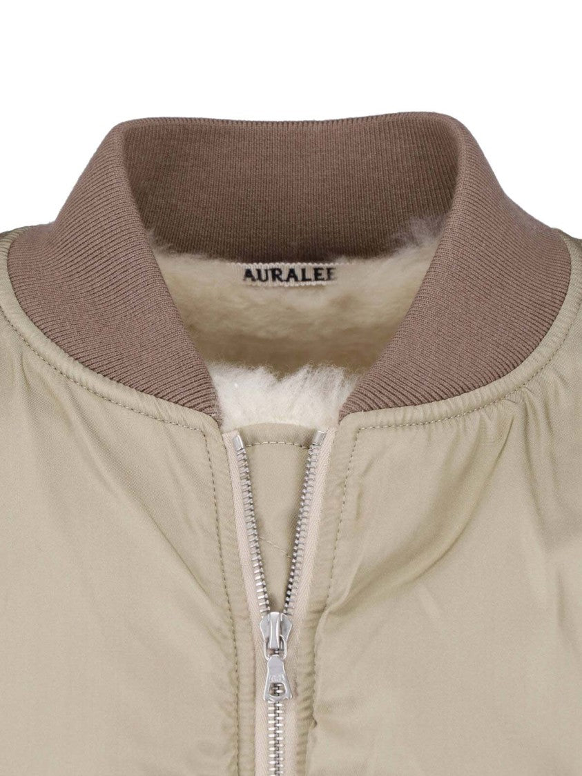 Auralee Green Silk Twill Shearling Bomber Jacket