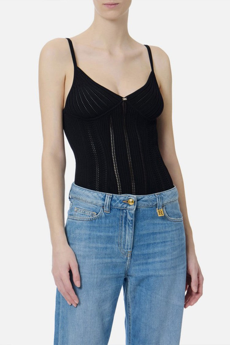Elisabetta Franchi Black Ribbed Seam Detail Viscose-Blend Bodysuit