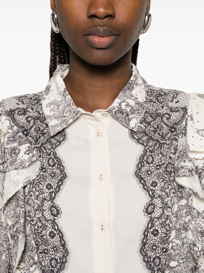 Blugirl Intricate Lace Print Blouse With Ruffled Accents
