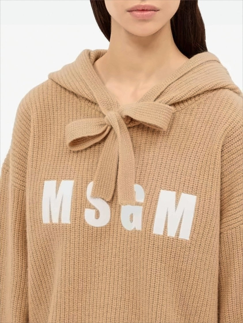 Msgm Ribbed Knit Cropped Hoodie With Graphic Lettering