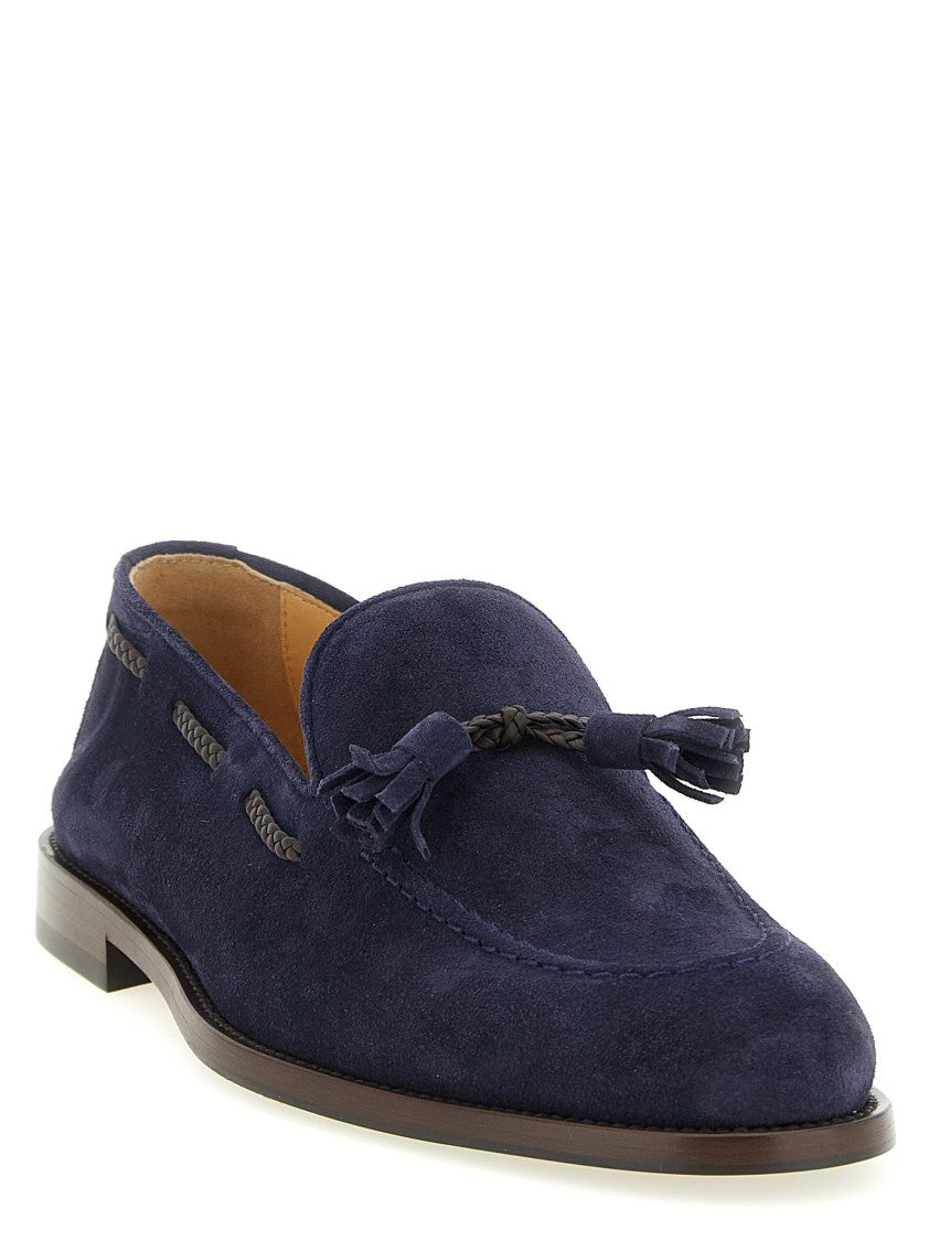 Brunello Cucinelli Suede Blue Moccasins With Woven Leather And Suede Tassels