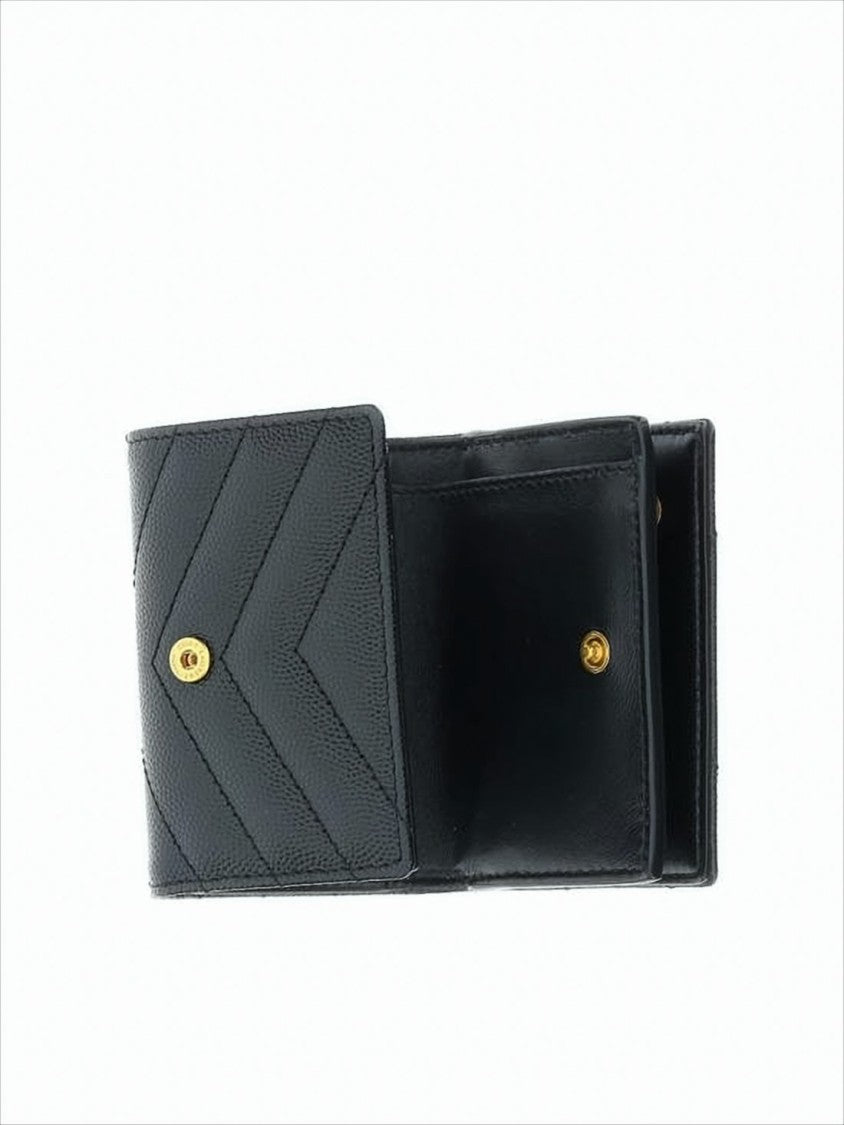 Saint Laurent Textured Cowhide Leather Wallet With Chevron Quilted Pattern