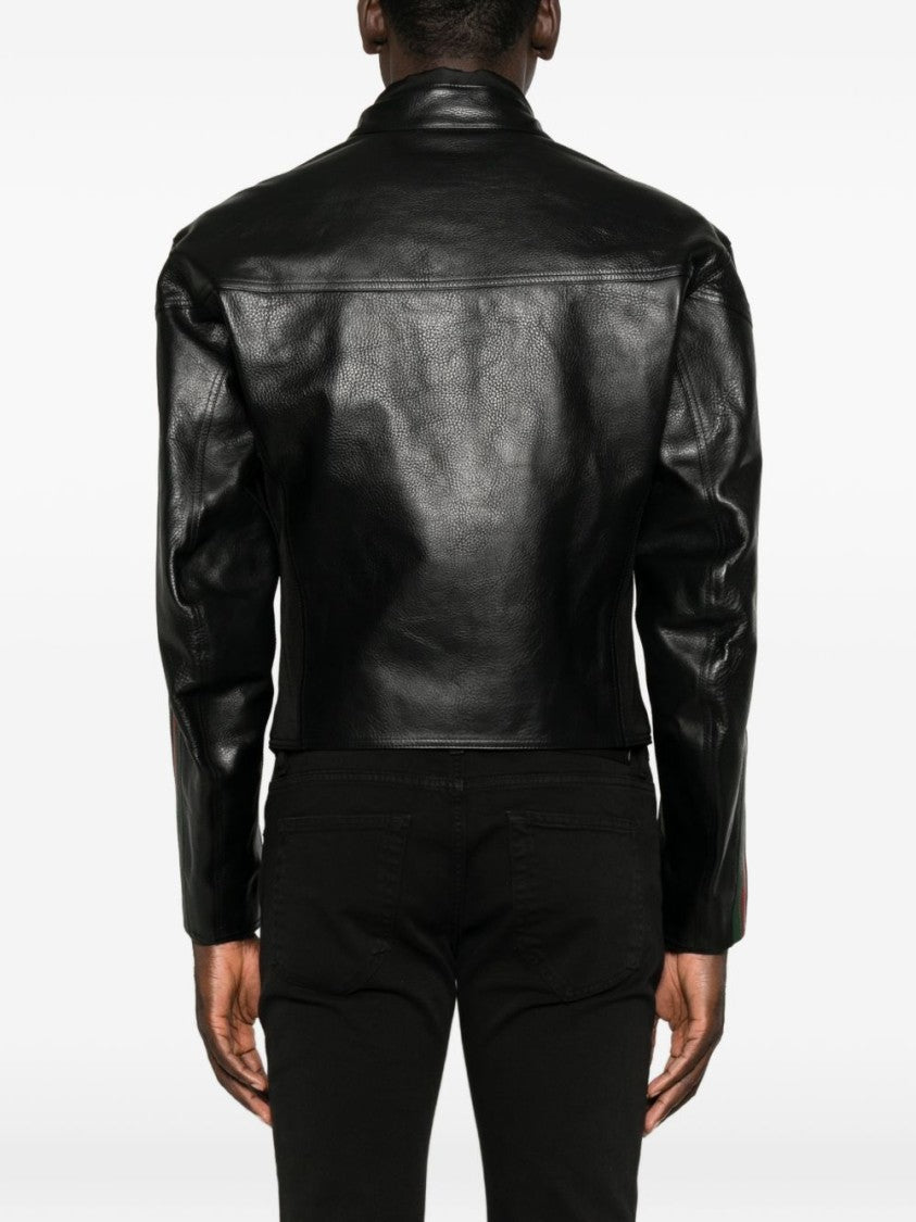 Gucci Cropped Leather Jacket With Striped Shoulders And Zippered Cuffs