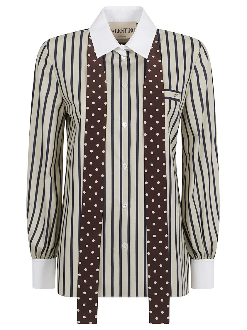 Valentino Garavani Vertical Stripe Cotton Shirt With Integrated Scarf Detail