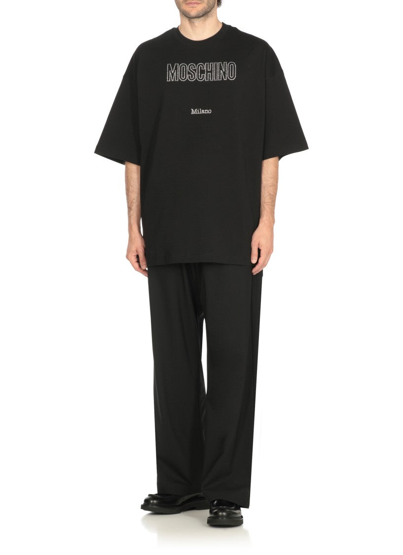 Moschino Cotton T-Shirt With Strass Logo Detailing