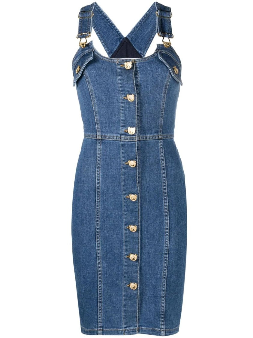 Moschino Fitted Denim Midi Dress With Gold-Tone Buttons