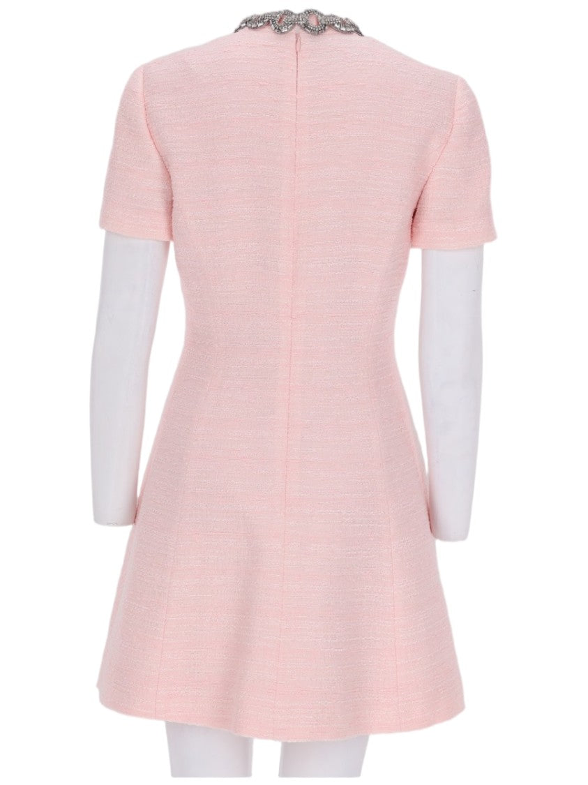 Valentino Pink Crinkle Cotton Tweed Mini Dress With Embellished Neckline