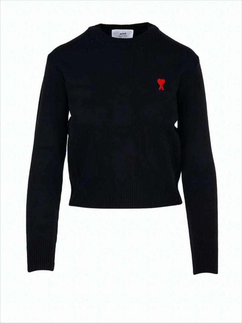 Ami Cropped Black Merino Wool Sweater With Embroidered Heart