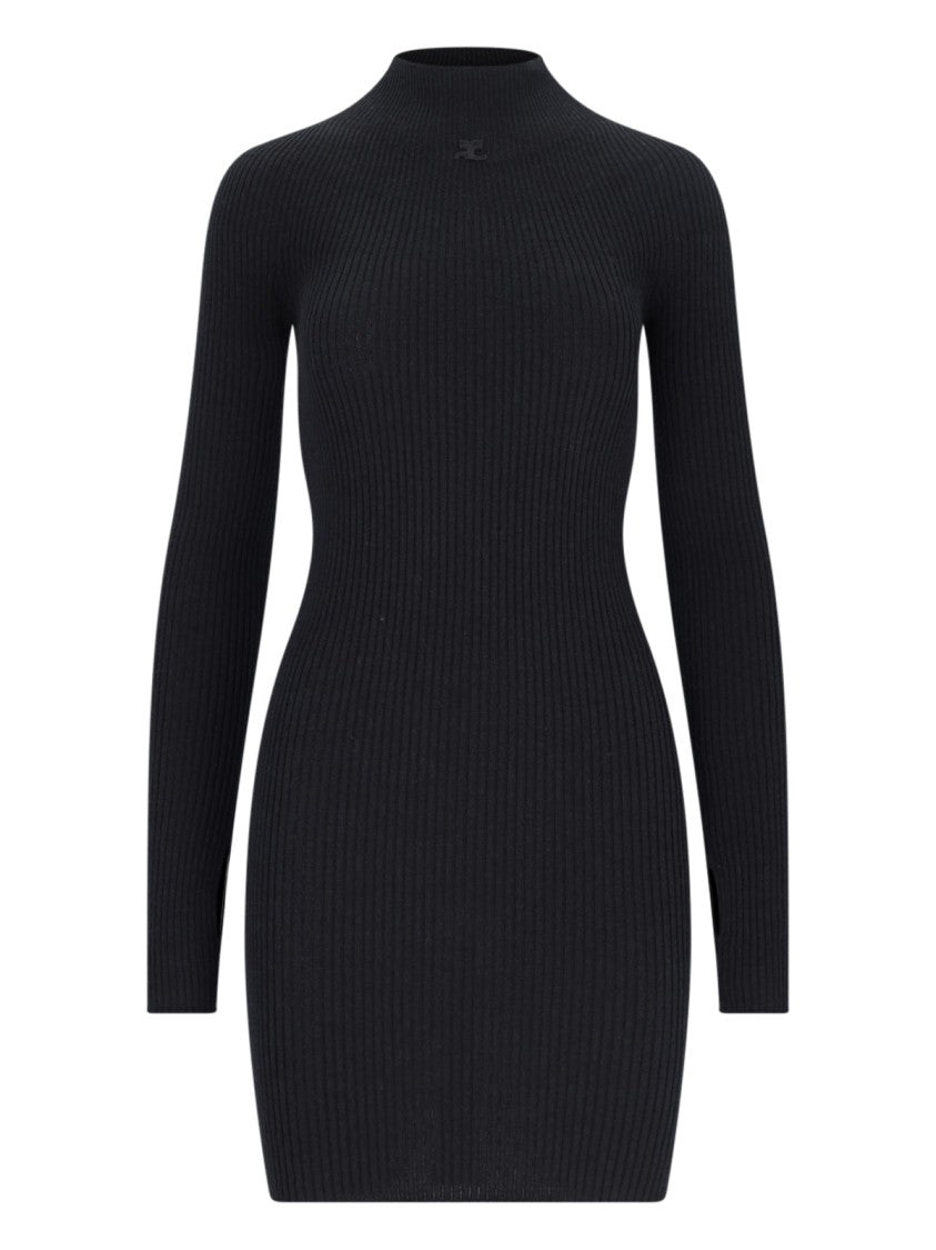 Courrèges Knitted Mini Dress In Black Cotton And Wool Blend