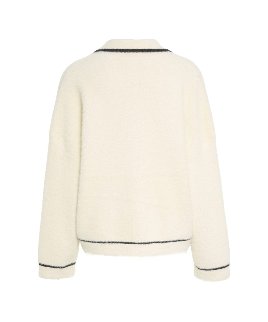 Kaos Boxy White Knit Cardigan With Contrasting Piping