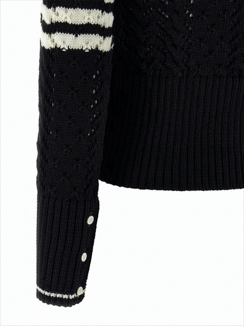Thom Browne Textured Knit Cropped Cardigan With Contrasting Stripes