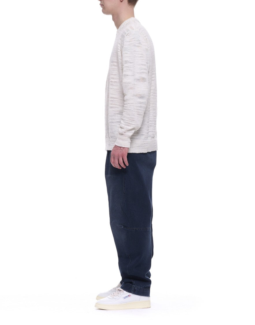 Atomofactory White Slub Crew-Neck Linen Blend Sweater