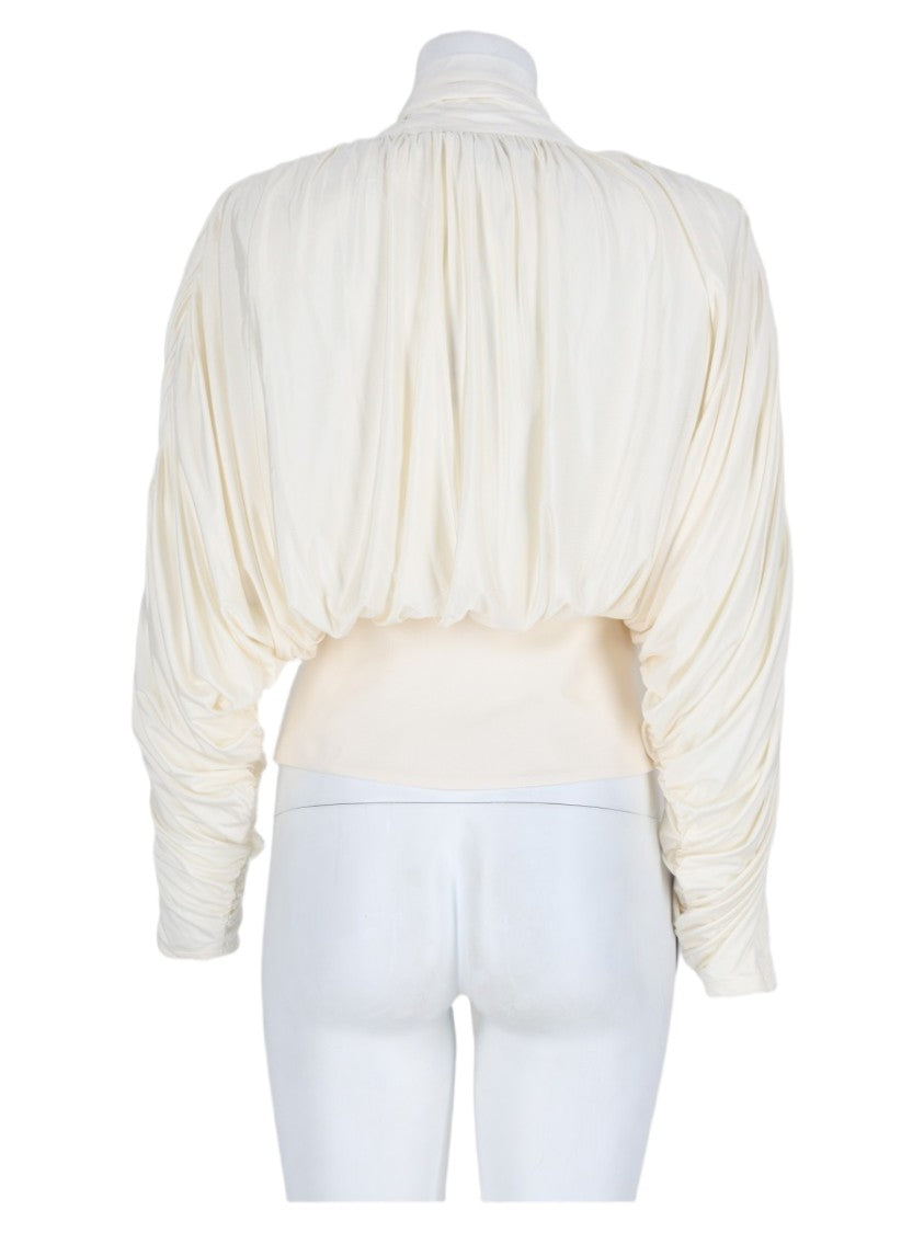 Self-Portrait Ivory Draped Ruched Necktie Viscose-Blend Top