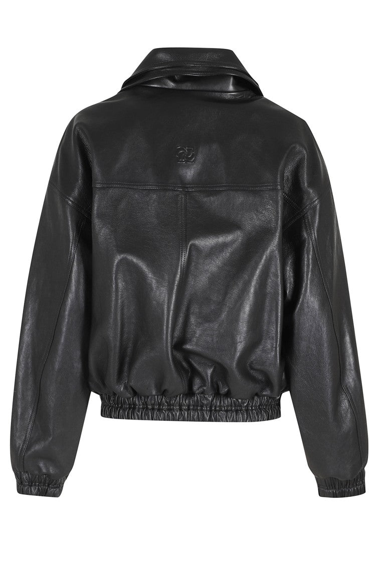 Magda Butrym Black Double High-Collar Dropped-Shoulder Leather Bomber Jacket