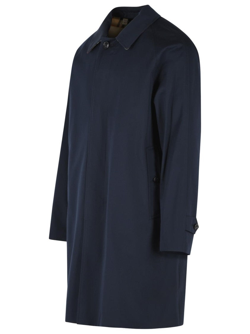 Burberry Blue Cotton Midi Trench Coat With Classic Collar