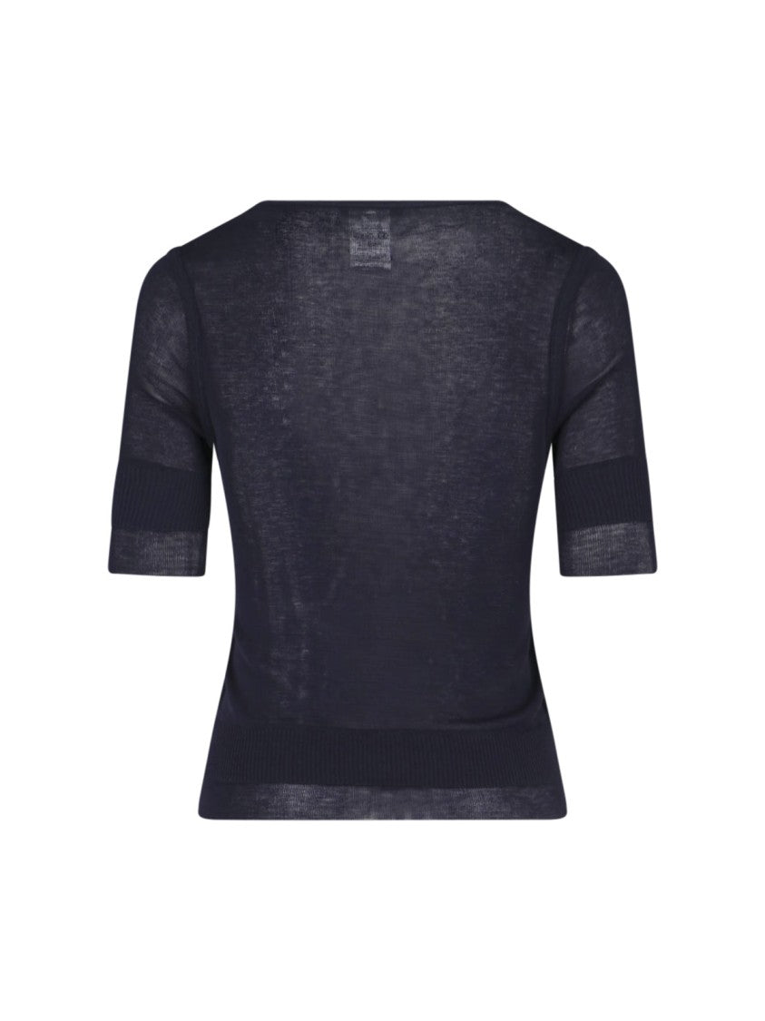 Lemaire Navy Viscose Silk Three-Quarter Sleeve T-Shirt