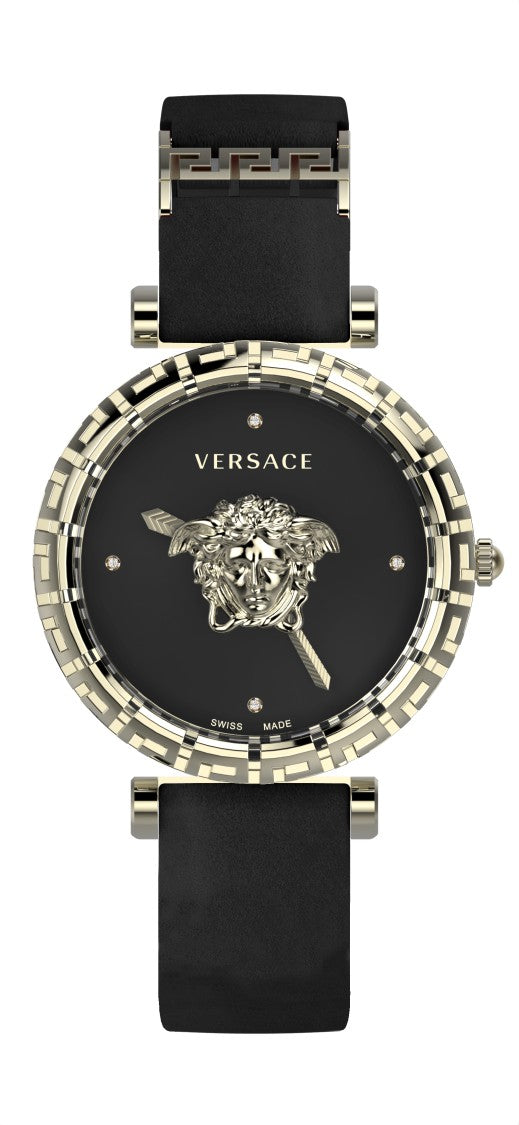 Versace Palazzo Empire Greca Diamond Quartz Watch With Black Leather Strap
