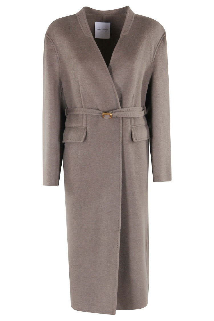 Isabelle Blanche Cappotto With Collarless Neckline And Removable Belt