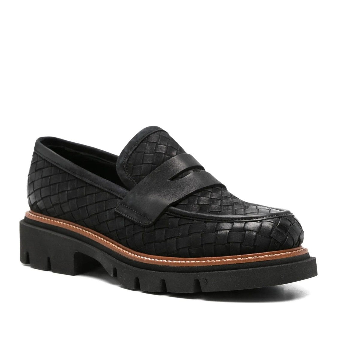 Sergio Moretti Black Woven Leather Chunky Sole Loafers