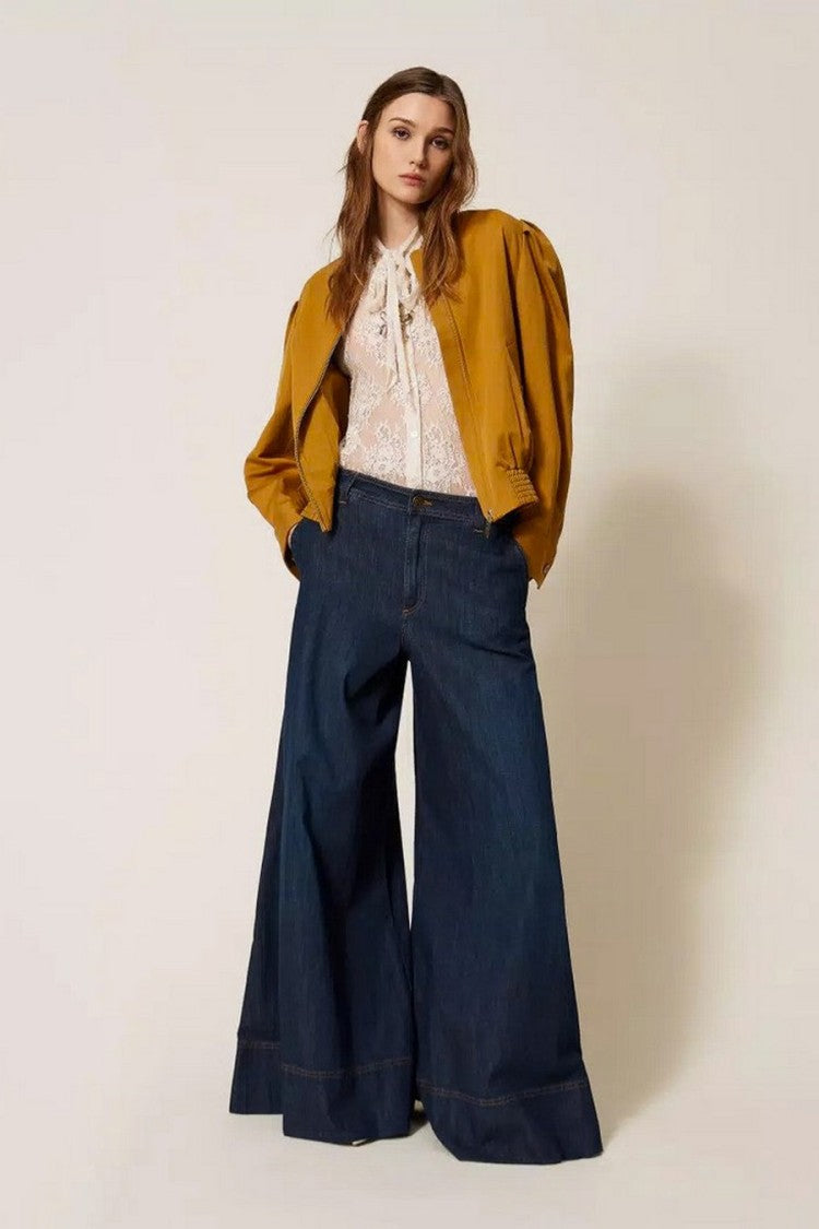 Twin-Set Blue Cotton-Elastane Wide-Leg Denim Trousers