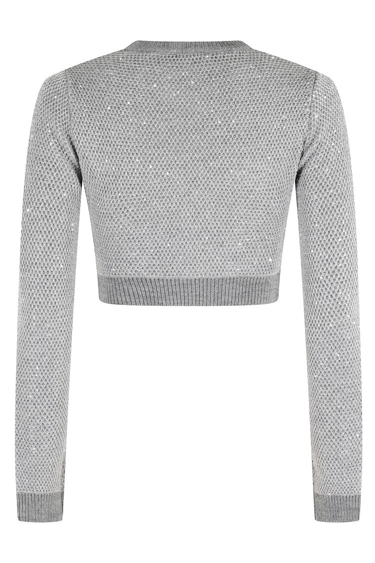 Elisabetta Franchi Cropped Grey Melange Sequin Sweater With Jewel Buttons