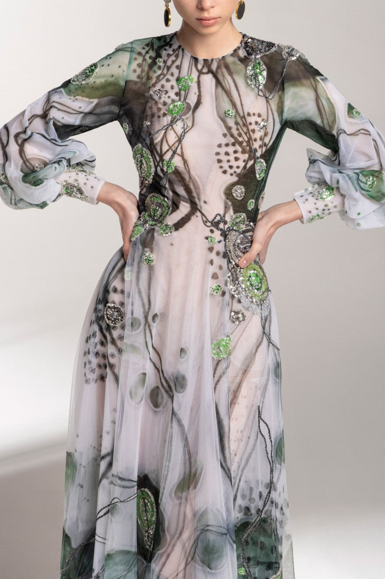 Saiid Kobeisy Tulle Printed Dress With Beading