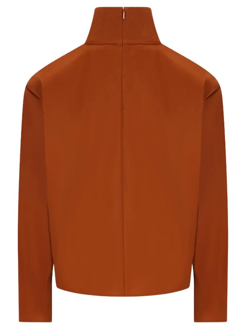 Saint Laurent High-Neck Silk Cropped Long-Sleeved Top