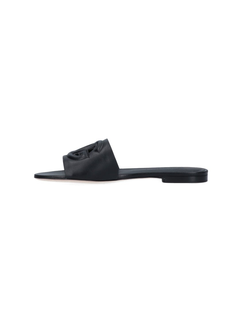 Dolce & Gabbana Black Dg Leather Slides Sandals