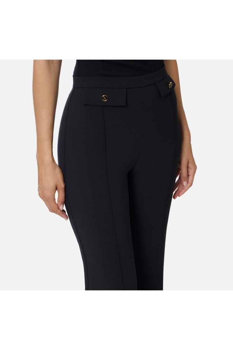 Elisabetta Franchi Black Double-Crepe Flap Pocket Polyester-Blend Wide-Leg Pants