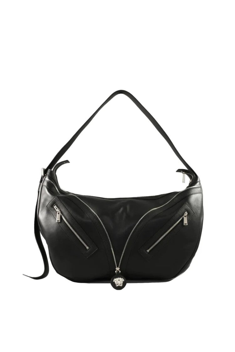 Versace Collection Curved Black Leather Shoulder Bag