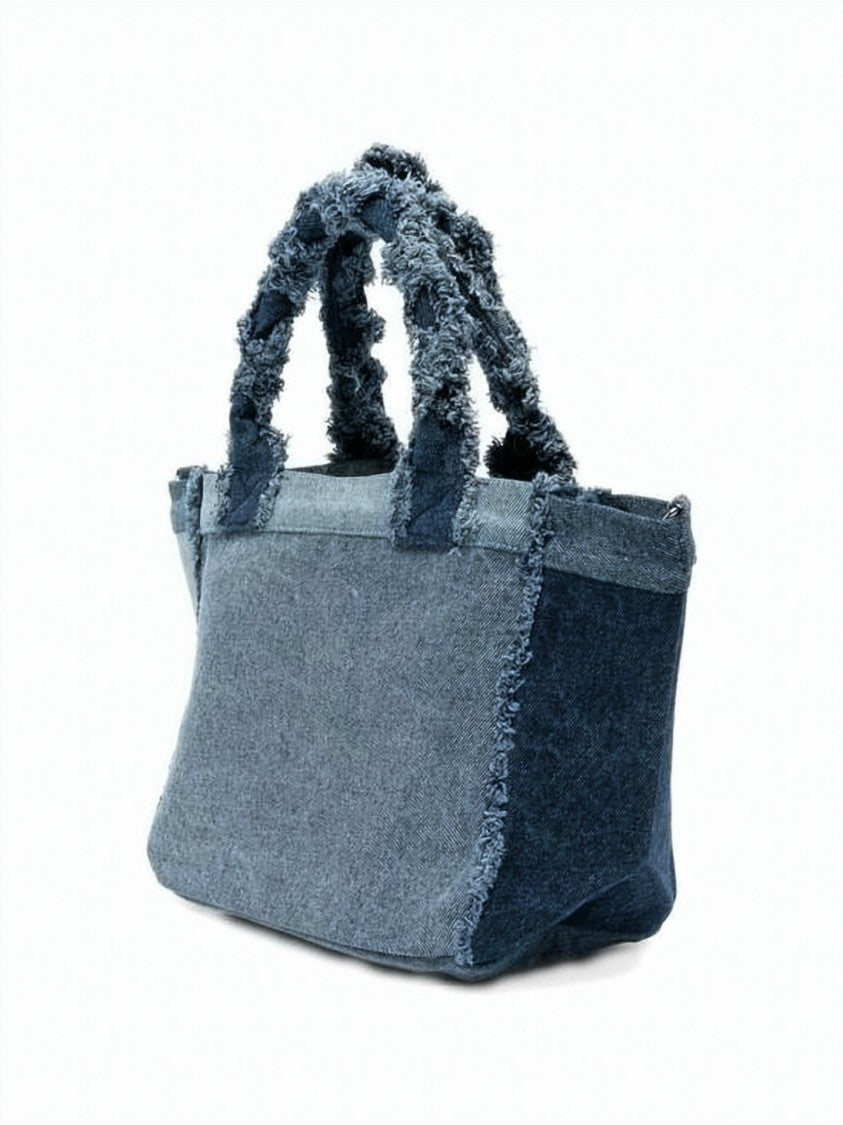 Ganni Patchwork Denim Tote Bag With Frayed Edges