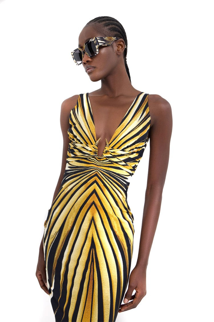 Roberto Cavalli Multicolor Striped Midi Dress With V-Neckline And Ruching