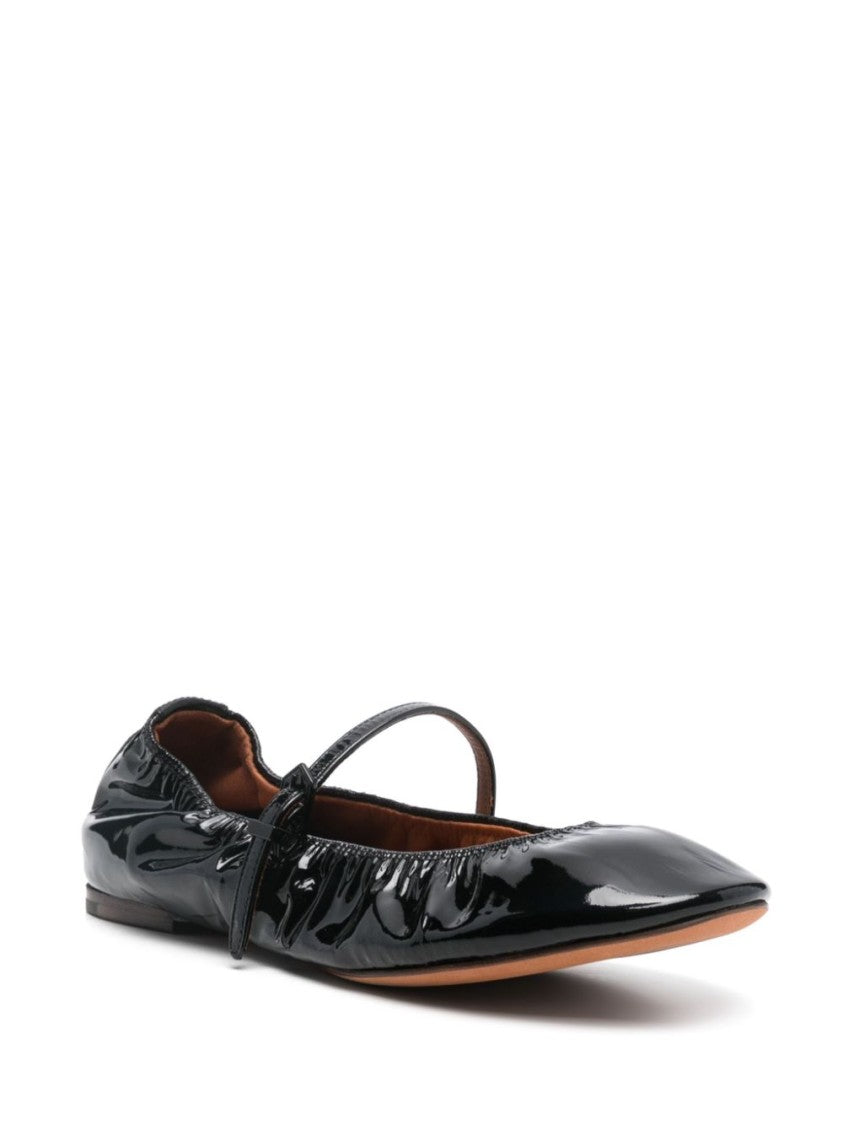 Lanvin Black Glossy Leather Buckle Strap Flats
