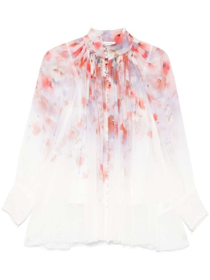 Zimmermann Pastel Floral Shirt With Pleated Design And High Neckline