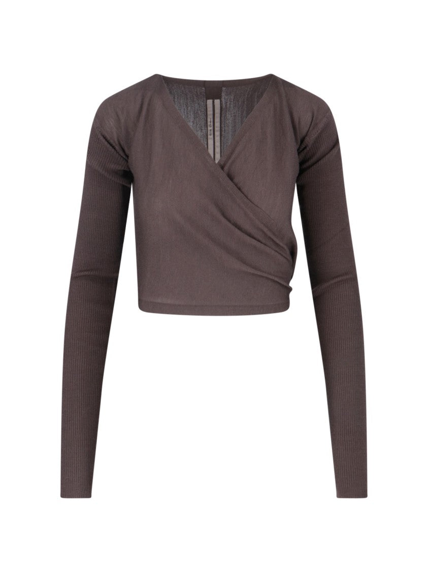 Rick Owens Cropped Ribbed Sweater With Knot – Brown