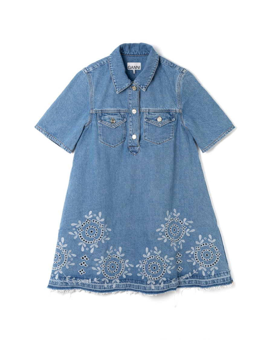 Ganni Broderie Anglaise Detailed Blue Dress