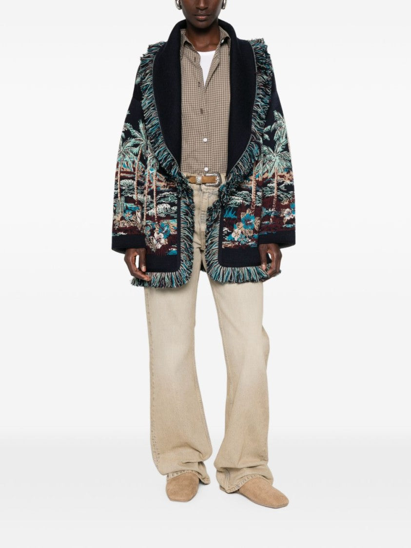 Alanui Tropical Pattern Fringed Shawl Collar Knit Sweater