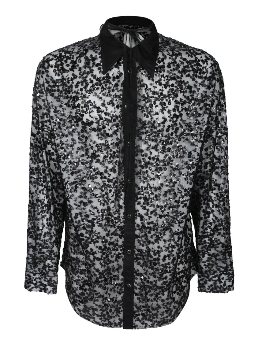 Dsquared2 Sheer Black Shirt With Floral Sequin Embellishments