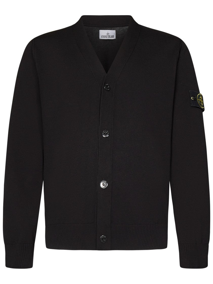 Stone Island Organic Cotton Black Cardigan With Classic V-Neck