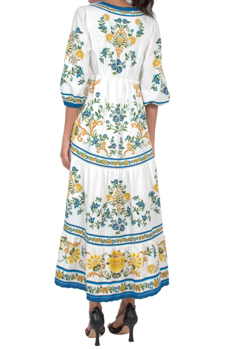 Farm Rio Multicolor Floral Tiered Linen-Blend Midi Dress